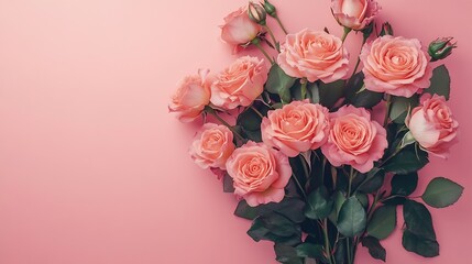 Poster - Romantic holiday flat lay March 8 Womens Day Valentines Day preparation greeting card mock up Gently pink pastel rose flowers bouquet on pink background top view copy space : Generative AI