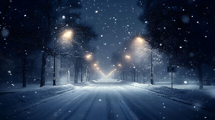 Poster - Snowy street with street lights and falling snow.