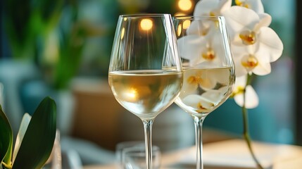 Sticker - Two glasses of white wine with orchid flowers on a restaurant table. Spring alcoholic drinks banner layout. 