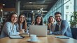 © Generative AI - Group of happy business coworkers having video call over laptop in empty conference hall : Generative AI
