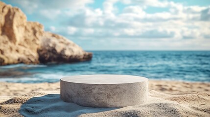 Aufkleber - Product display podium on the sandy beach On a blurred sea background Abstract style : Generative AI
