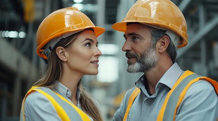Aufkleber - Caucasian engineer in hardhats discussing on construction site Engineer and female foreman worker team checking project at precast concrete factory site : Generative AI