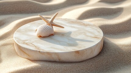 Aufkleber - Empty beige round platform podium for cosmetics or products presentation sea shell and starfish on natural beige beach sand background Top view : Generative AI