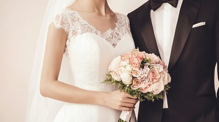 Poster - Wedding. The bride and groom are standing close to each other, the bride is holding a bouquet of flower. Happy Wedding