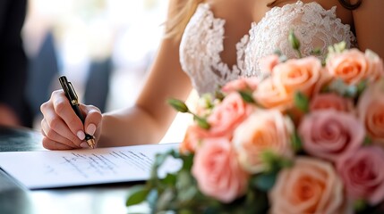 Wall Mural - A bride signing her marriage certificate at a wedding ceremony, with a beautiful bouquet of pink and peach roses in the foreground. Focus on the signature moment. 