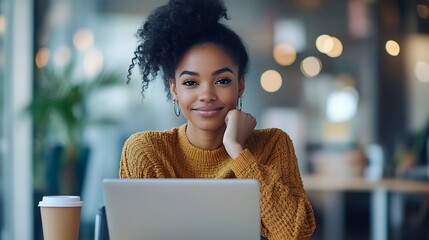 Aufkleber - Good Day At Work Cheerful Black Female Office Worker Using Laptop And Drinking Coffee At Workplace Looking At Computer Screen And Smiling Sitting At Desk With Cup Of Hot Drink Copy Spa : Generative AI