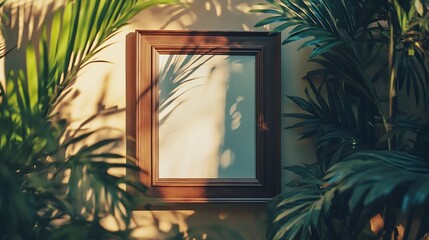 Poster - Closeup of female hanging wooden frame with empty mockup copy space Art concept with shadows and light : Generative AI