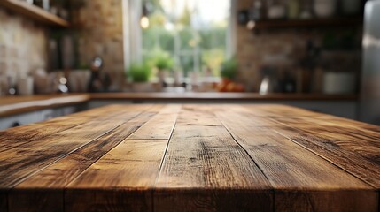 Poster - Wooden board empty table background kitchen blurred background : Generative AI