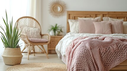 Aufkleber - Bright interior of boho bedroom with wooden furniture and bed with pink blanket and pillows and plants Wooden floor in the cottage Comfortable home : Generative AI