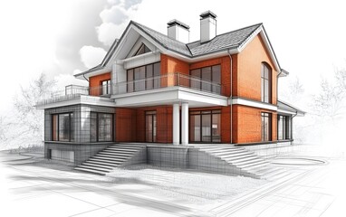 Poster - Beautiful architectural sketch of a modern house featuring elegant design and spacious layout.