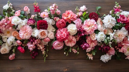 Wall Mural - A beautiful arrangement of pink, red, and white flowers on a wooden table. Perfect for a wedding or special occasion. 