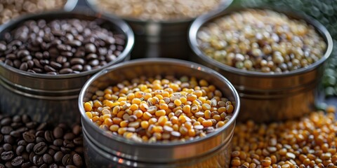 Organic coffee beans, metallic lids in silver and gold, whole yellow corn, whole-grain rice, green soybeans, and soybean commodities in market trading folder for futures contracts.