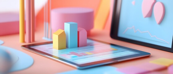 Fototapete - Colorful business workspace with a tablet displaying graphs and charts, enhancing productivity and creativity in an office setting.