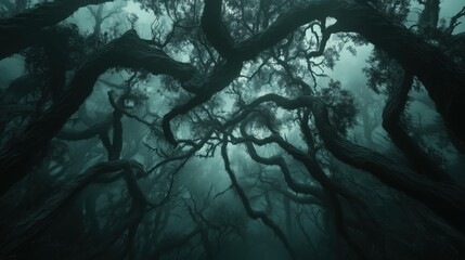Wall Mural - a forest with dark trees and a gloomy atmosphere. the trees are twisted and gnarled, giving the impr