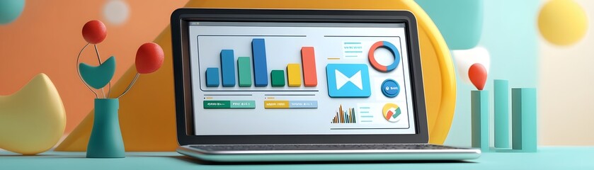 Fototapete - Colorful data visualization on a laptop screen, showcasing charts and graphs for analytical insights in a modern workspace.