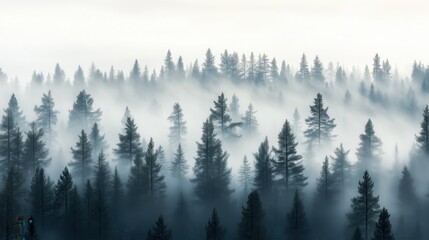Wall Mural - a forest with foggy trees and a misty sky. the trees are tall and dense, creating a sense of depth a
