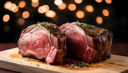 Juicy Seared Steak with Herbs and Salt on Wooden Cutting Board