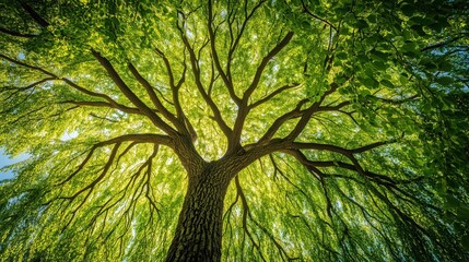 Wall Mural - a large tree with many branches and leaves is shown in the sunlight. the tree is full of life and en