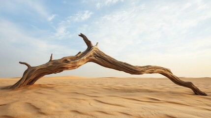 A long, thin tree branch is standing in the desert. The sky is clear and blue, and the sun is shining brightly. Concept of solitude and tranquility, as the lone tree branch stands out against the vast