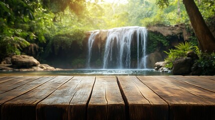 Poster - Empty wood table top with blur background of waterfall tropical in summer The table giving copy space for placing advertising product on the table along with beautiful summer waterfall : Generative AI