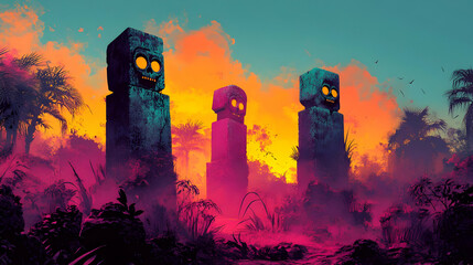 Poster - Three stone statues with glowing eyes stand in a tropical jungle at sunset.