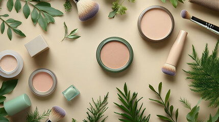 Top view of various makeup products arranged on a light beige background.