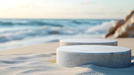 Aufkleber - Product display podium on the sandy beach On a blurred sea background Abstract style : Generative AI