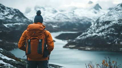 man solo travel hiking in scandinavian mountains active healthy lifestyle adventure travel vacation 