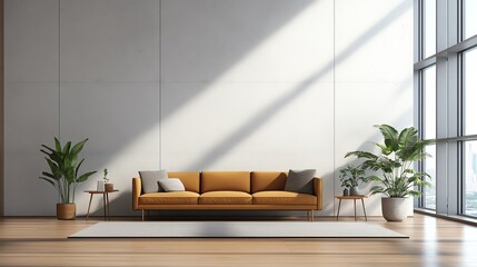 Modern living room with yellow sofa, indoor plants, and large windows letting in natural light. Minimalistic and stylish interior design.