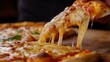 © Generative AI - Taking piece of tasty pizza with melted cheese at wooden table closeup : Generative AI