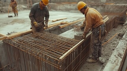 Poster - Builders workers at a house construction site are installing prepare formwork reinforcement for pouring concrete Process of work on a construction site Work at height : Generative AI