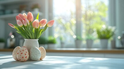 Poster - Easter eggs and spring flowers on white table over blurry kitchen window background : Generative AI