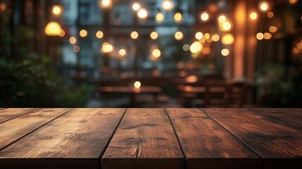 Aufkleber - Empty wood table for product display in blur background of admirable restaurant at night : Generative AI