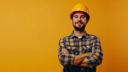 Aufkleber - Happy young repairman wearing helmet standing crossed arms looking at camera isolated on yellow Work protection construction safety concept : Generative AI