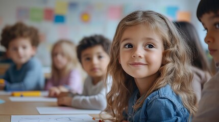 Poster - Group of elementary school kids stand around a table in a classroom attentively following a lesson being taught by their teacher Young students engaging in a fun activity of colouring  : Generative AI