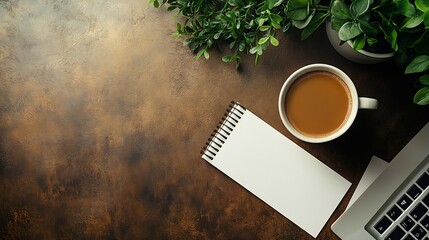 Fototapete - Overhead above close up flat lay view photo of laptop notebook with cup of coffee notice paper pen isolated brown light table with blank empty space : Generative AI