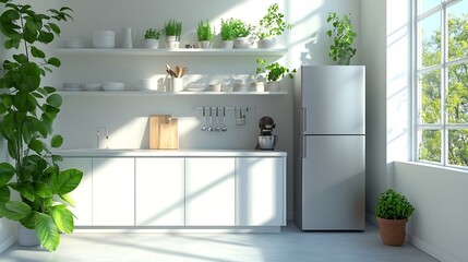 Aufkleber - Minimal light scandinavian kitchen interior White furniture with utensils shelves with crockery and plants in pots small refrigerator near window panorama empty space : Generative AI