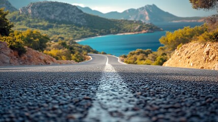 Poster - Asphalt road and mountain with blue sea natural landscape : Generative AI