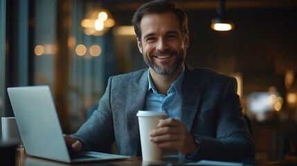 Poster - Handsome smiling businessman drinking coffee and using laptop in office checking emails on computer sitting at desk free space : Generative AI