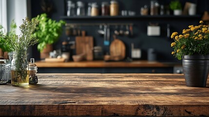 Wall Mural - A wooden table or surface for products against the background kitchen : Generative AI