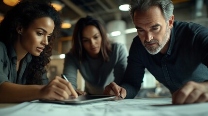 Leinwandbilder - Diverse group of civil engineer and client working together on architectural project reviewing construction plan and building blueprint using tablet at meeting table Prudent : Generative AI