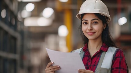 Aufkleber - Asian woman engineer holding document smiling at construction site Confident female Indian wearing protective helmet and vest working in factory making precast concrete wall for real e : Generative AI