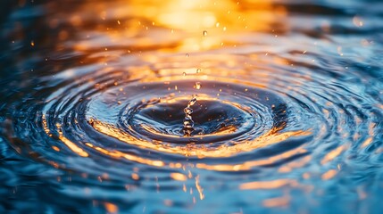 Aufkleber - Circular wave rings reflecting sky and surrounding Rain drops splashing into water surface causing concentric ripples Bad weather conditions Germany Colorful macro close up with select : Generative AI