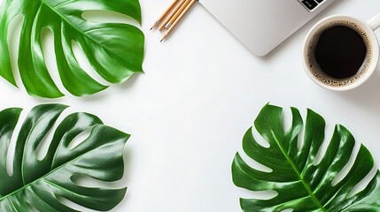 Leinwandbilder - Flat lay top view office table desk Workspace with laptopoffice supplies pencil green leaf and coffee cup on white background : Generative AI