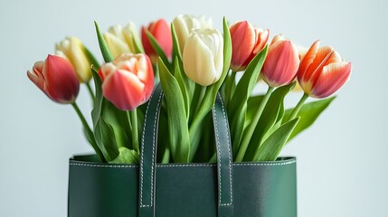 Poster - Tulip spring flowers in green bag isolated on white background Floral composition with beautiful fresh tulips Holiday present concept Flat lay copy space design element : Generative AI