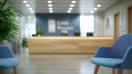 Poster - Blur background of reception area in a modern medical clinic with blue chairs and wooden counter Modern lobby Healthcare facility interior design concept Design for poster wallpaper Sp : Generative AI