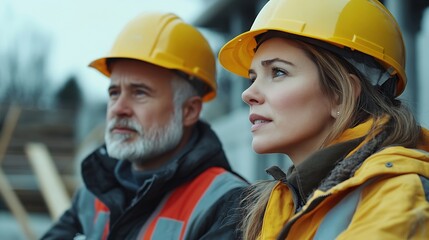 Aufkleber - Senior engineer and female foreman team checking project at precast concrete factory site Caucasian engineer and worker in hardhats discussing on construction site : Generative AI
