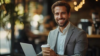 Aufkleber - Handsome smiling businessman drinking coffee and using laptop in office : Generative AI