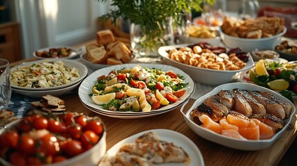 Poster - a beautifully decorated table with delicious food Everything is ready for lunch or dinner with delicious snacks and a cozy atmosphere Serving a holiday table with fish dishes salads an : Generative AI