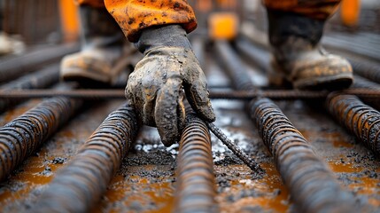Poster - Ironworker securing steel rebar framing at construction site worker ties steel reinforcement with wire Install rebar in the footing : Generative AI